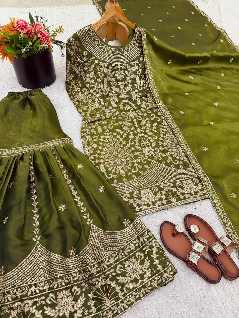 Embroidered GMY Silk Sharara Palazzo Set with Dupatta
