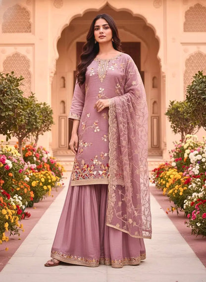 Embroidered GMY Silk Sharara Palazzo Set with Dupatta