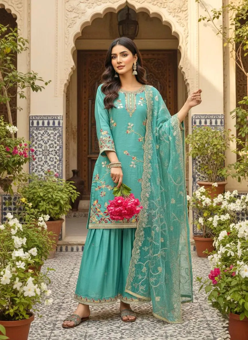 Embroidered GMY Silk Sharara Palazzo Set with Dupatta