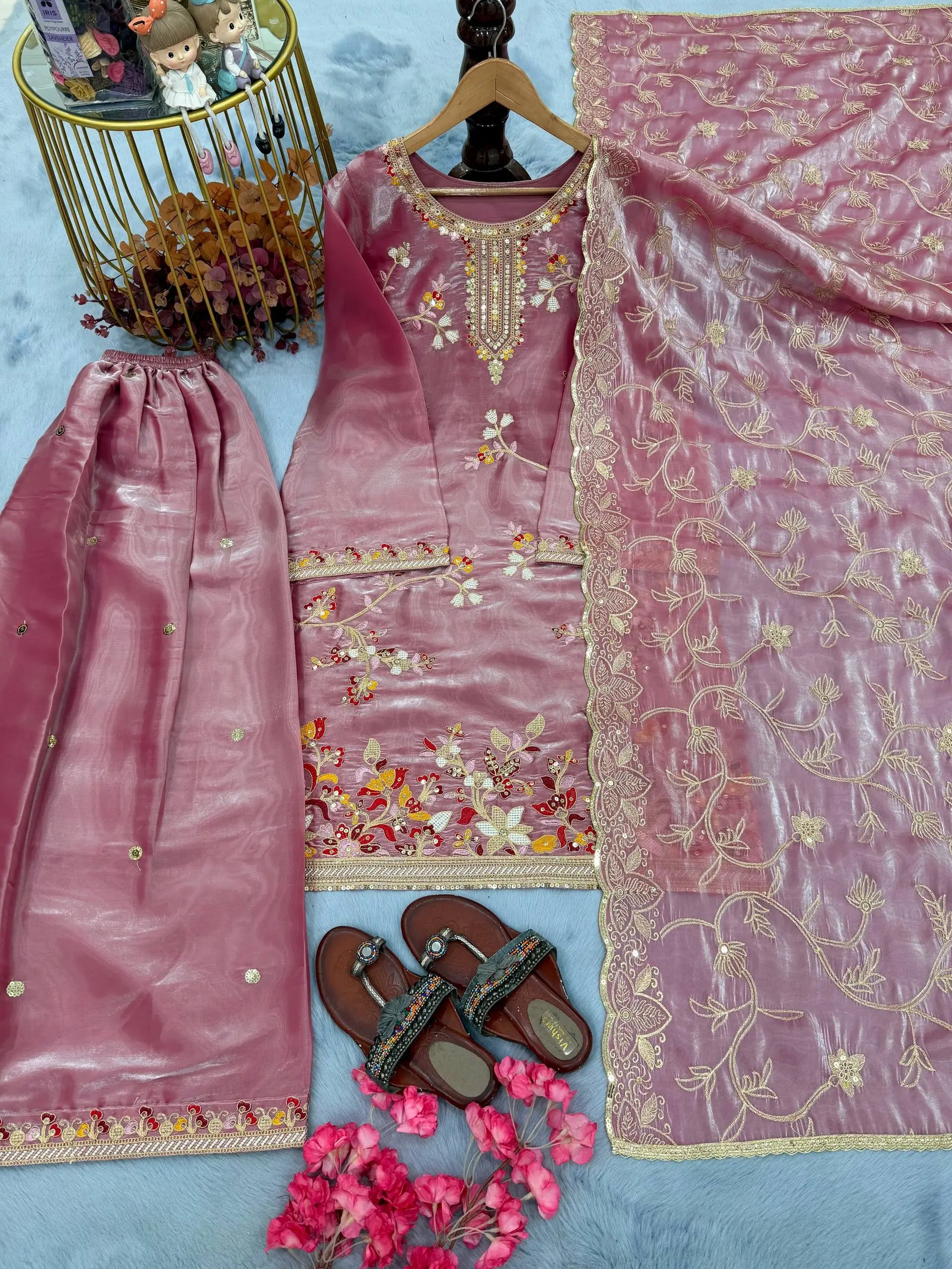 Embroidered GMY Silk Sharara Palazzo Set with Dupatta