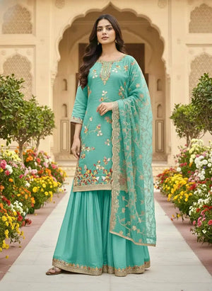 Embroidered GMY Silk Sharara Palazzo Set with Dupatta