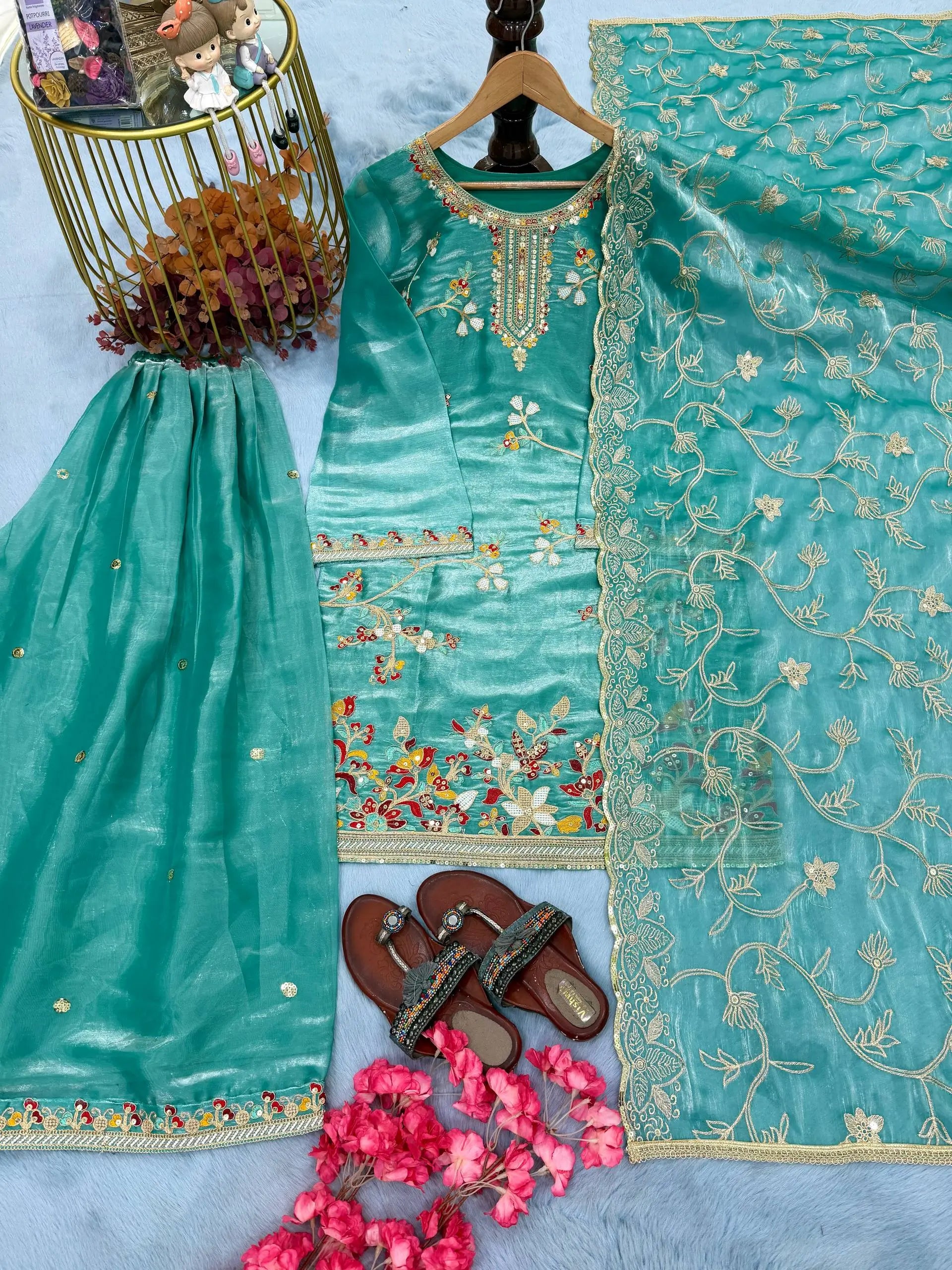 Embroidered GMY Silk Sharara Palazzo Set with Dupatta