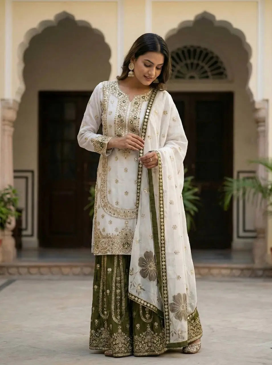Embroidered GMY Silk Sharara Palazzo Set with Dupatta