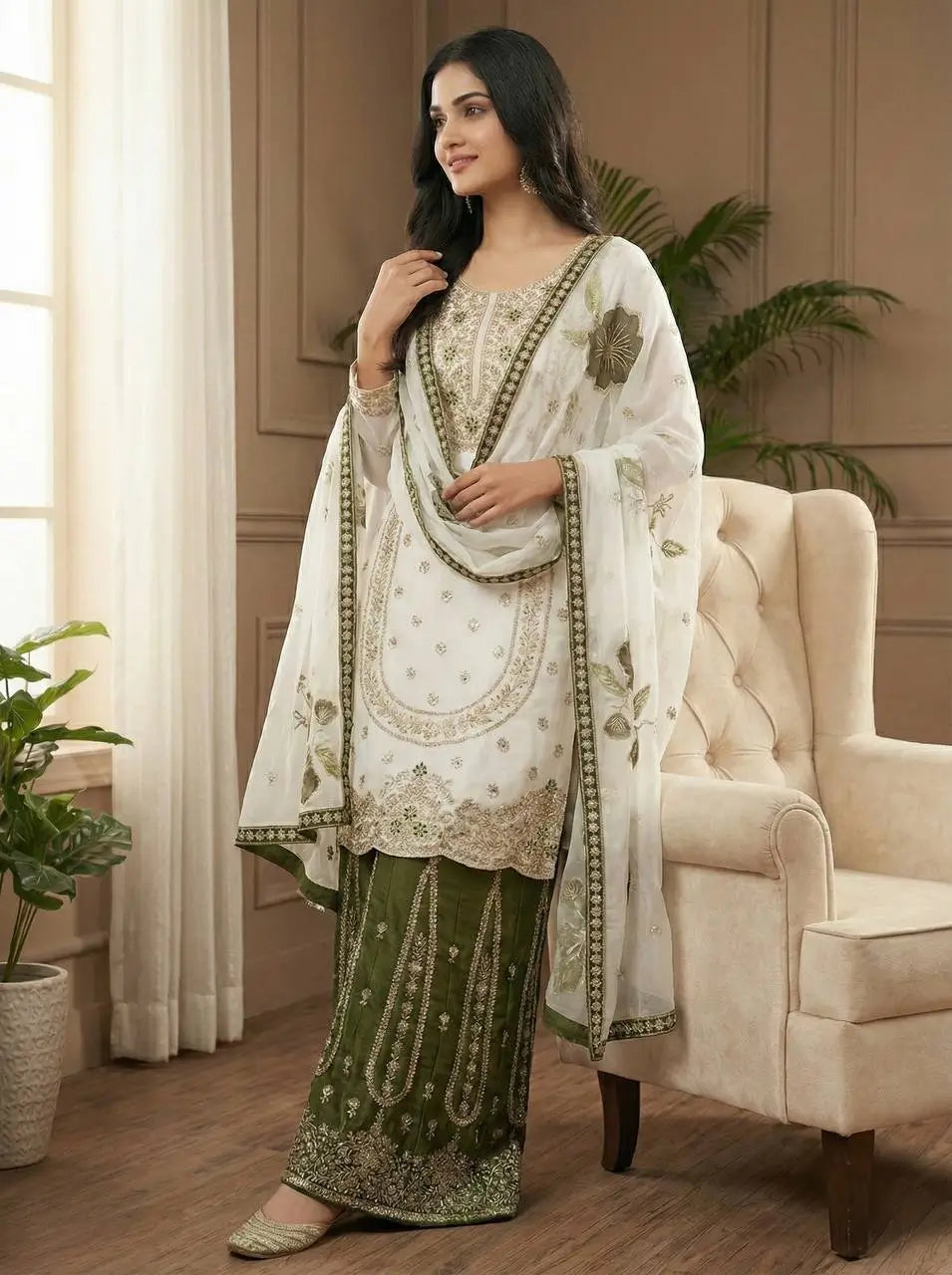 Embroidered GMY Silk Sharara Palazzo Set with Dupatta