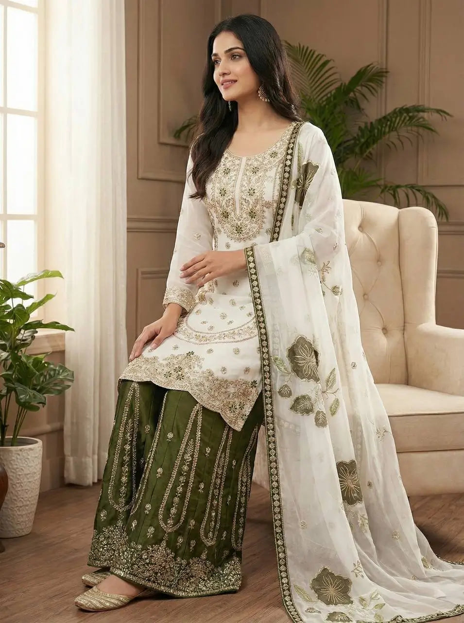 Embroidered GMY Silk Sharara Palazzo Set with Dupatta