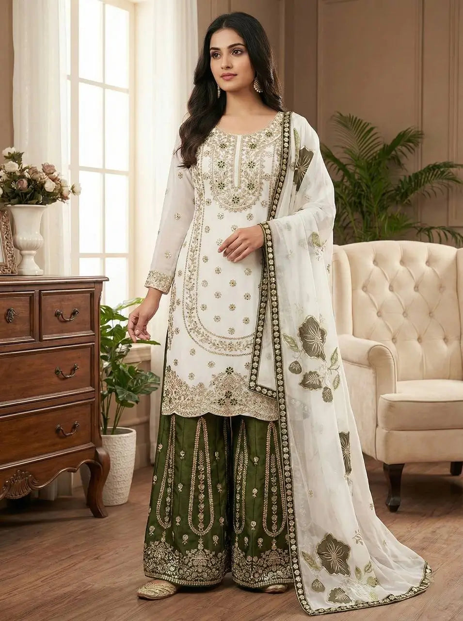 Embroidered GMY Silk Sharara Palazzo Set with Dupatta