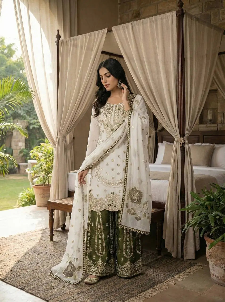 Embroidered GMY Silk Sharara Palazzo Set with Dupatta