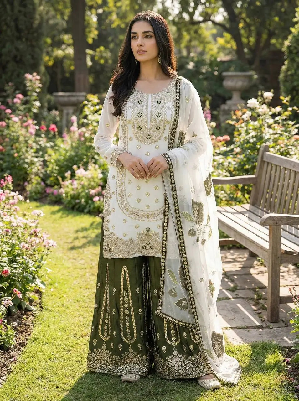 Embroidered GMY Silk Sharara Palazzo Set with Dupatta