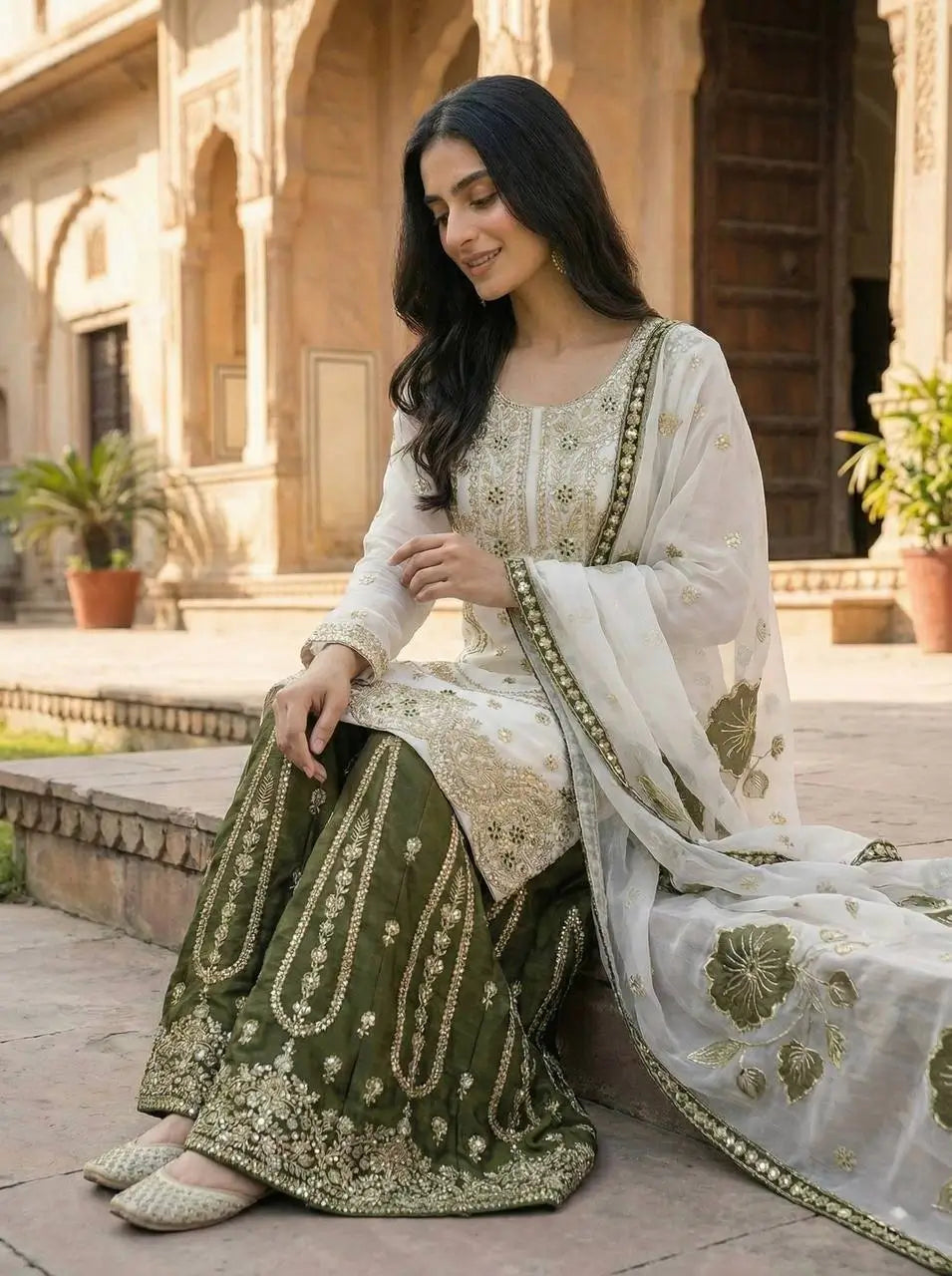 Embroidered GMY Silk Sharara Palazzo Set with Dupatta