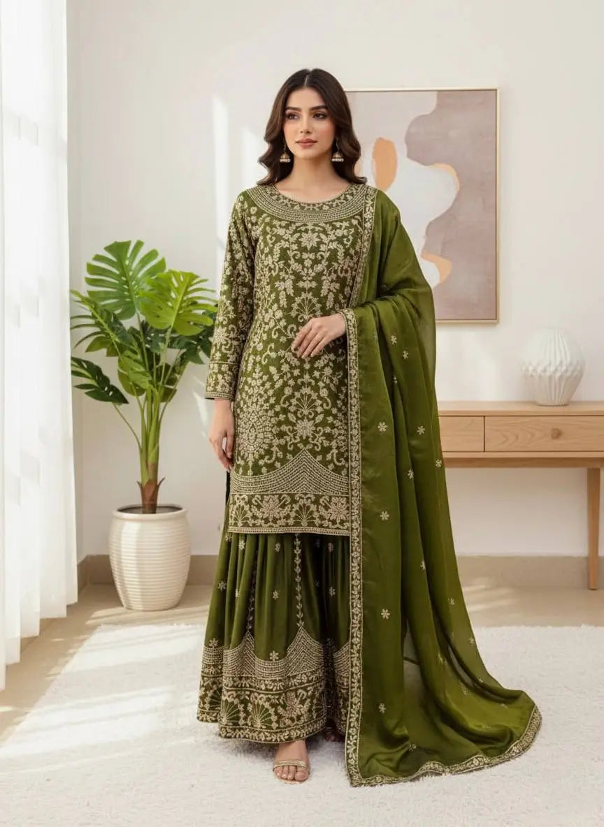Embroidered GMY Silk Sharara Palazzo Set with Dupatta