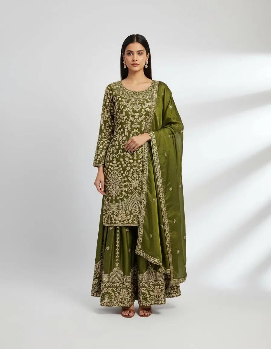 Embroidered GMY Silk Sharara Palazzo Set with Dupatta