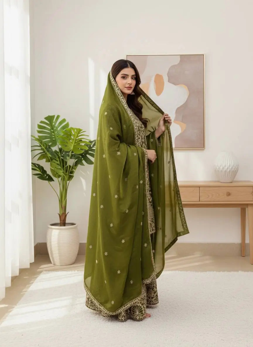 Embroidered GMY Silk Sharara Palazzo Set with Dupatta