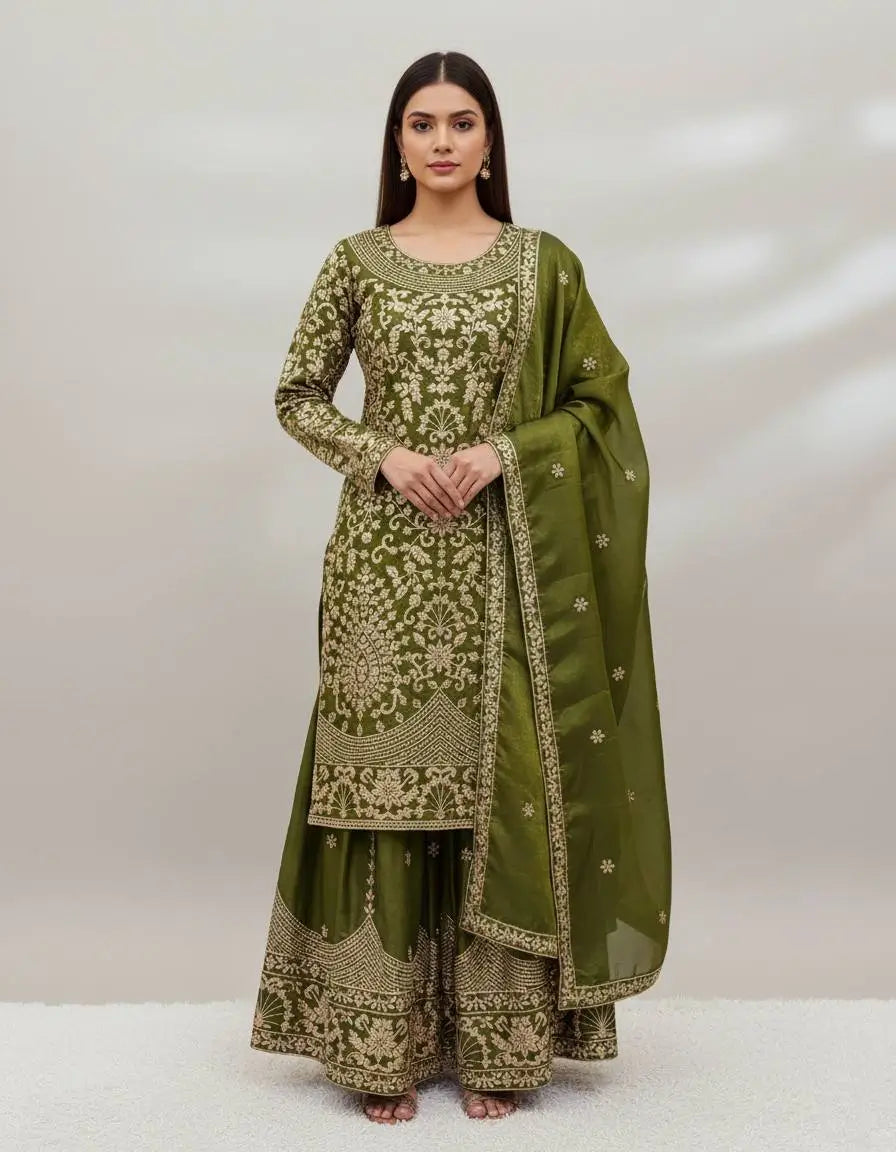 Embroidered GMY Silk Sharara Palazzo Set with Dupatta