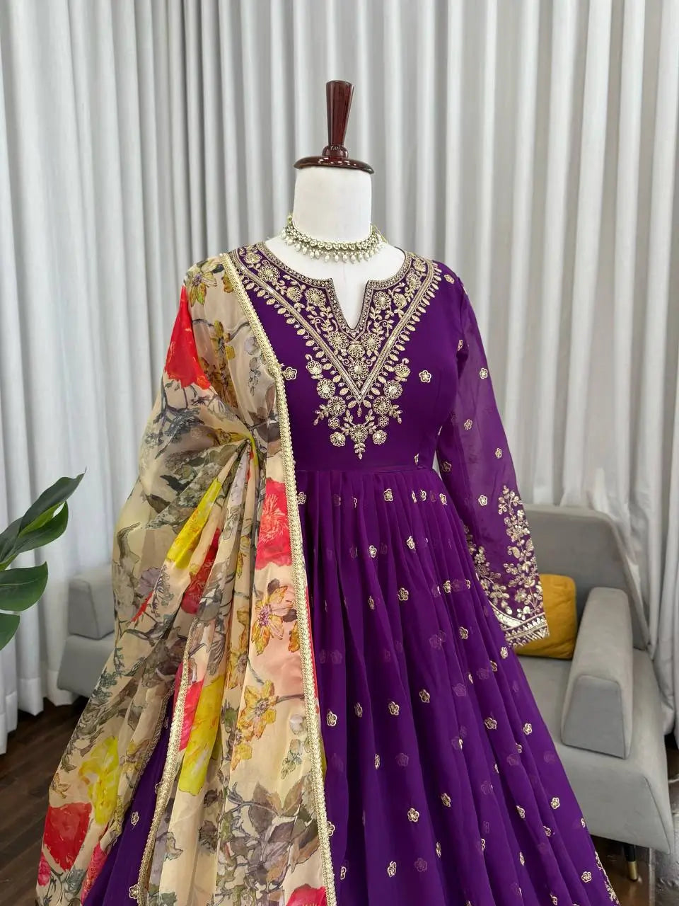Embroidered Georgette Anarkali Gown Set with Dupatta