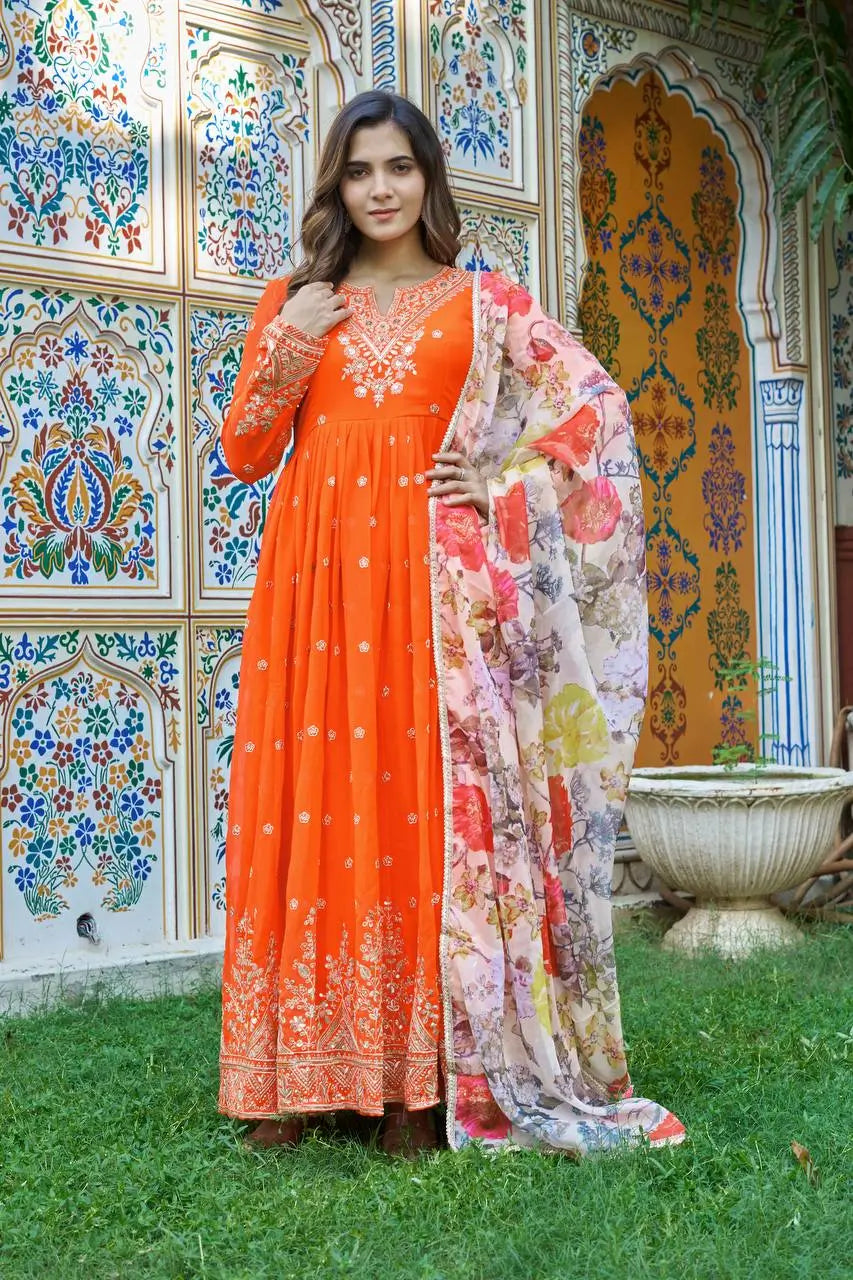Embroidered Georgette Anarkali Gown Set with Dupatta