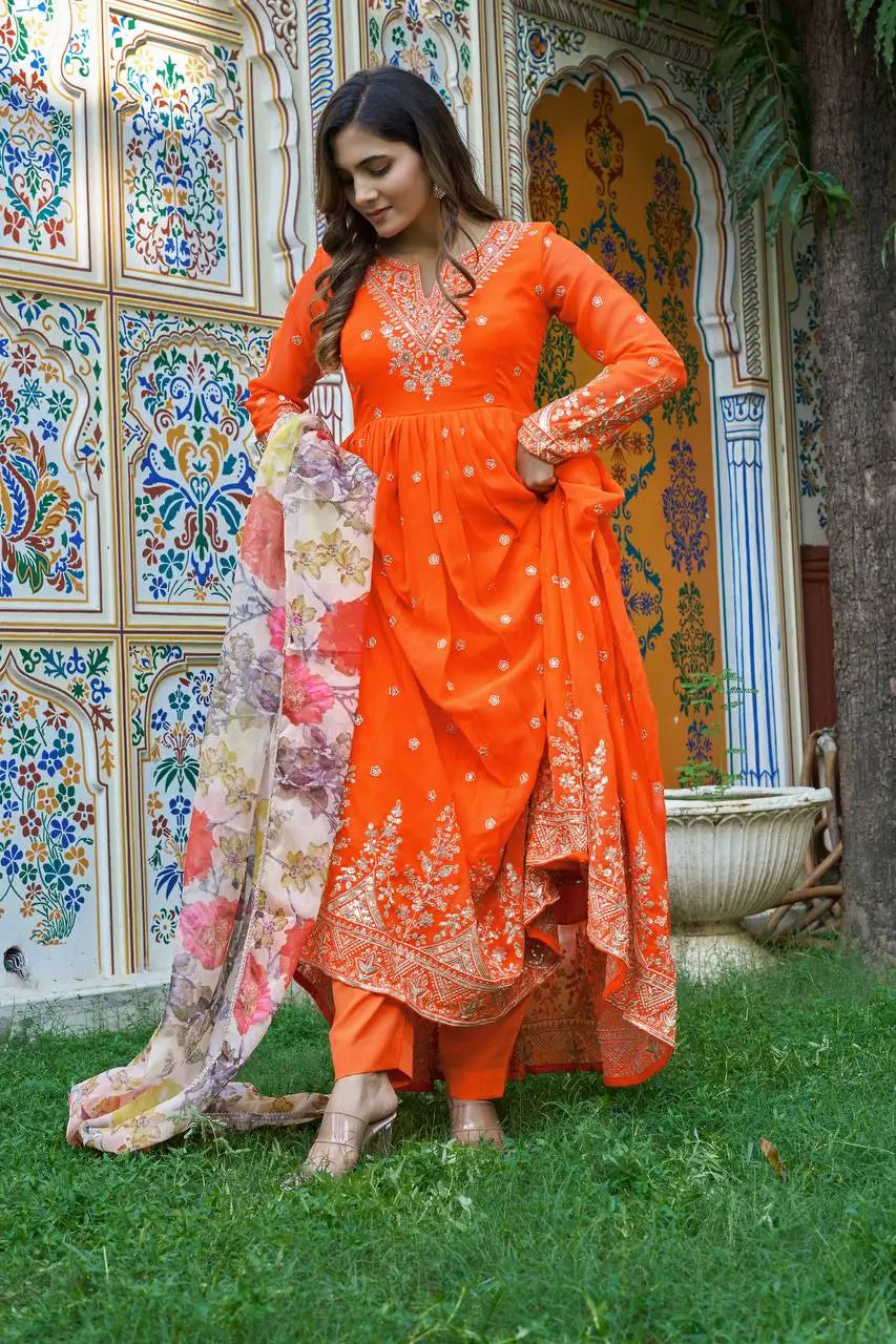 Embroidered Georgette Anarkali Gown Set with Dupatta