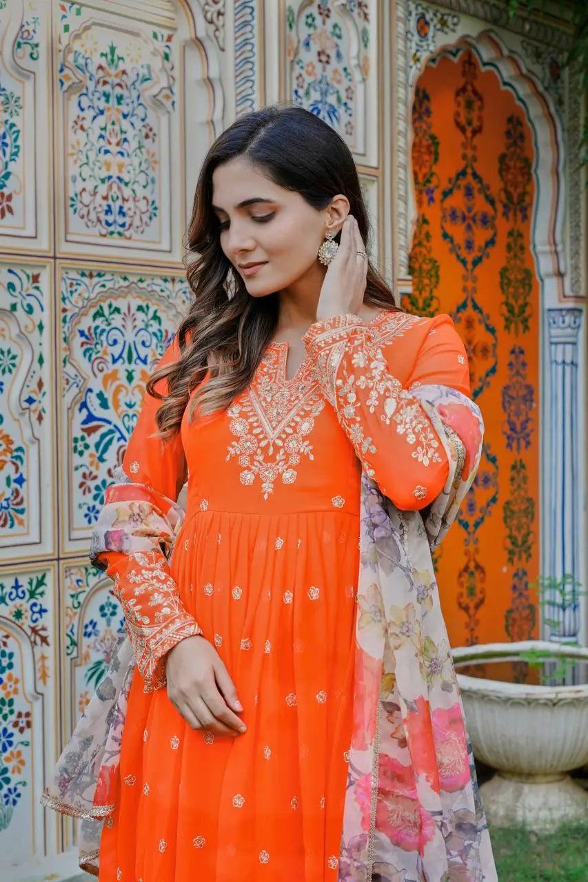 Embroidered Georgette Anarkali Gown Set with Dupatta