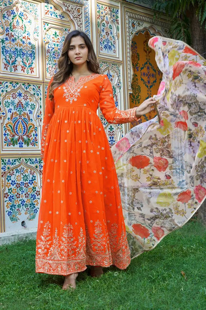 Embroidered Georgette Anarkali Gown Set with Dupatta