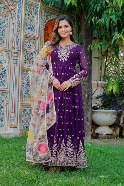Embroidered Georgette Anarkali Gown Set with Dupatta