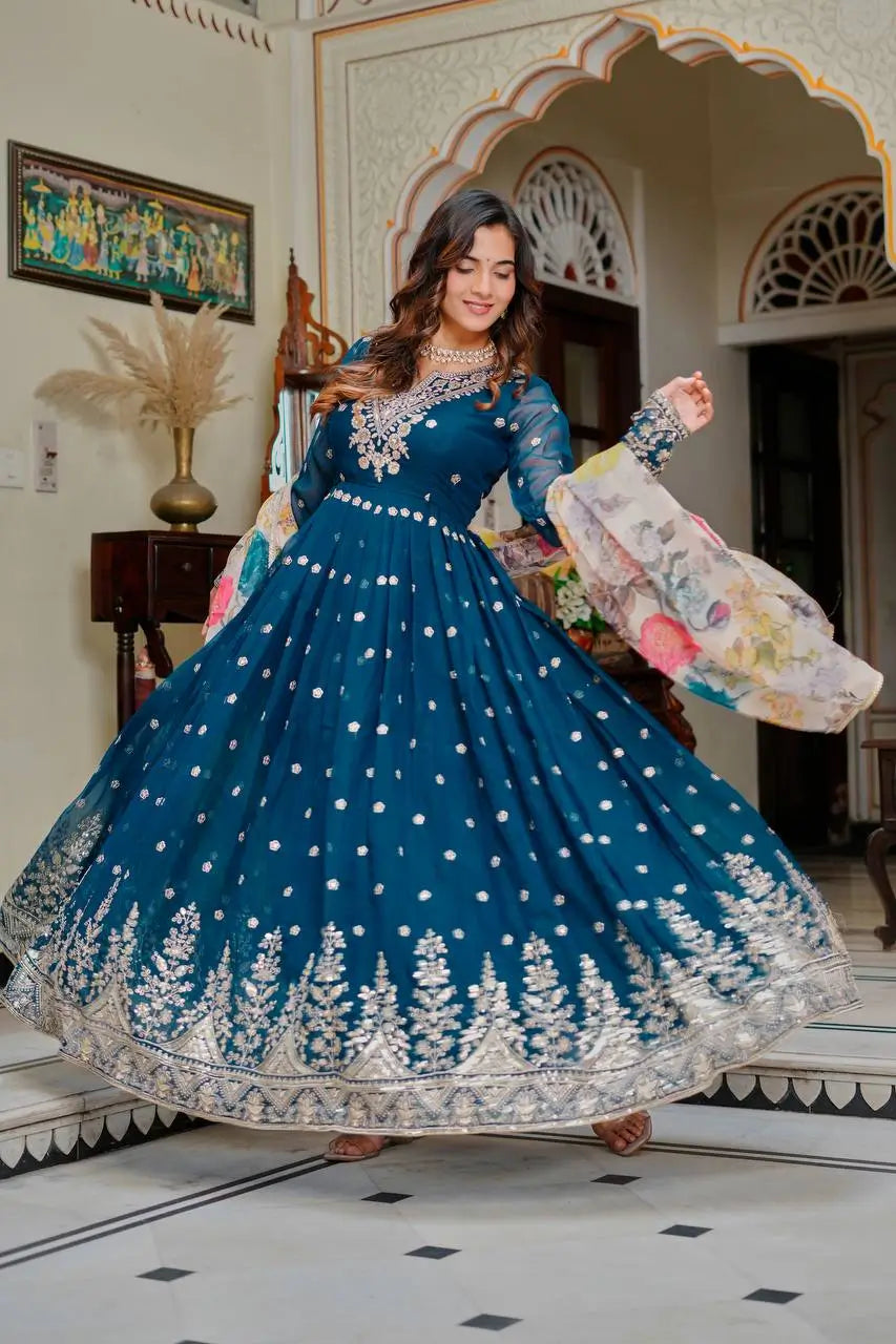 Embroidered Georgette Anarkali Gown Set with Dupatta