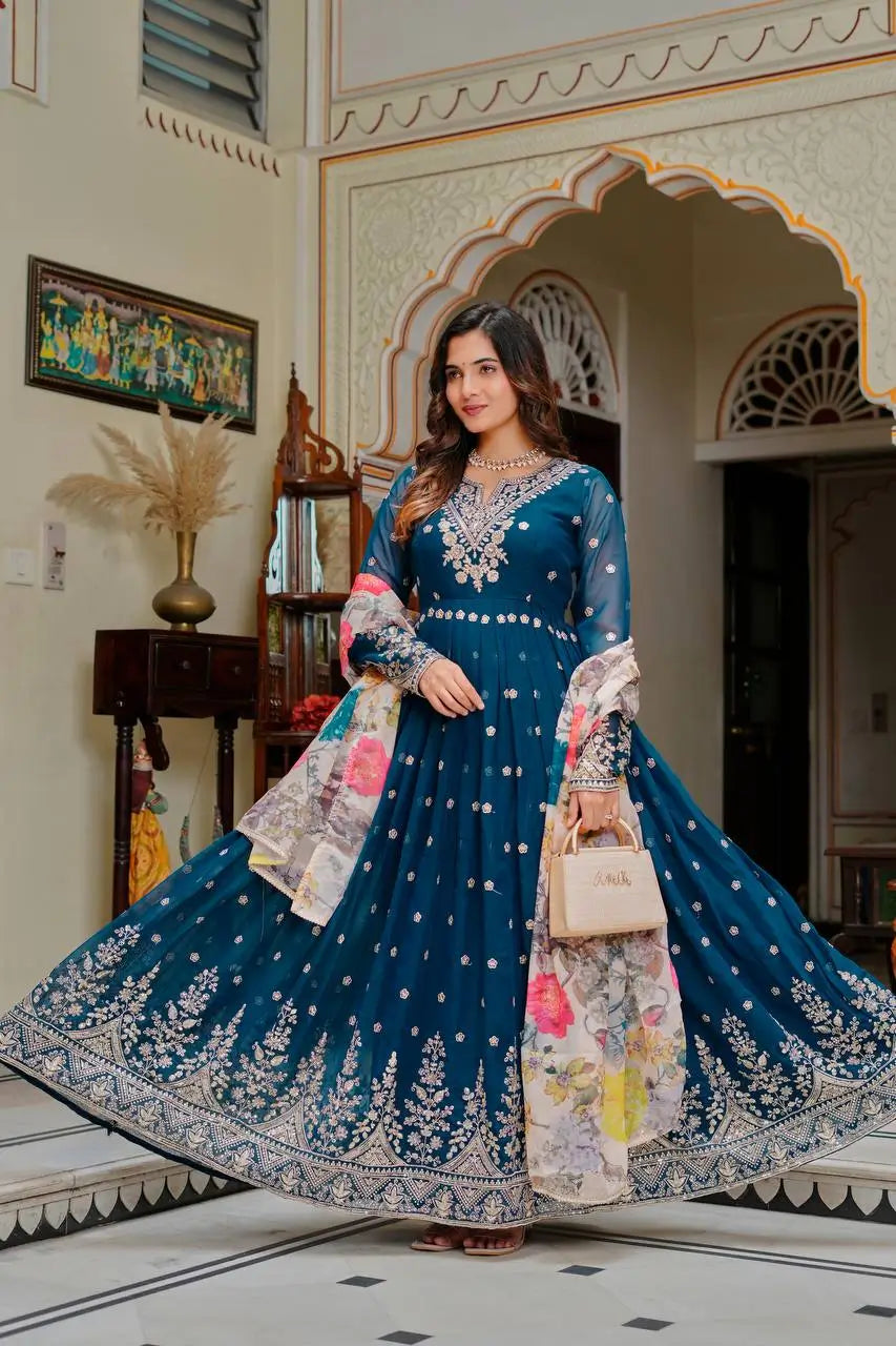 Embroidered Georgette Anarkali Gown Set with Dupatta