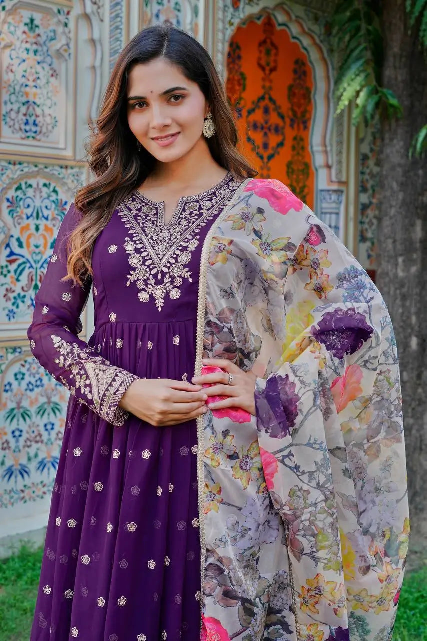Embroidered Georgette Anarkali Gown Set with Dupatta