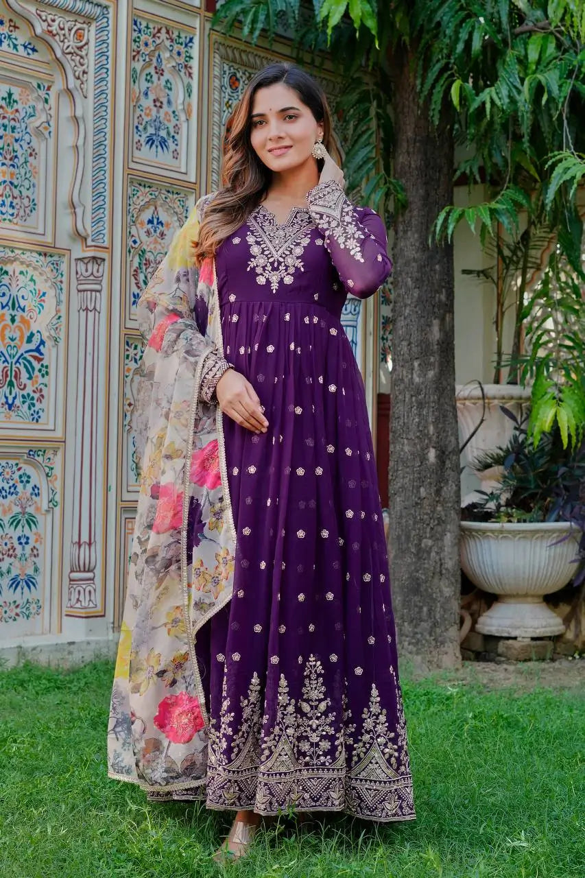 Embroidered Georgette Anarkali Gown Set with Dupatta