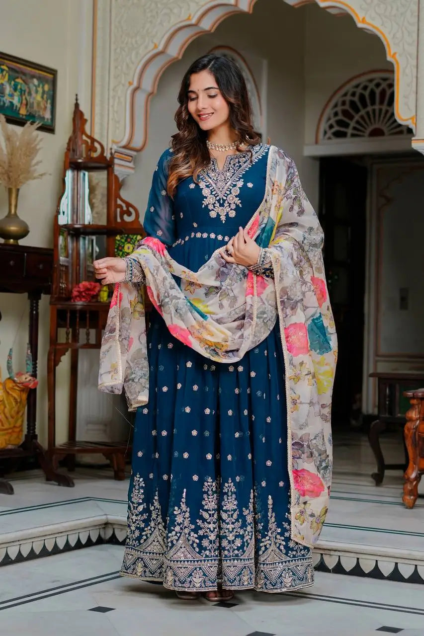 Embroidered Georgette Anarkali Gown Set with Dupatta
