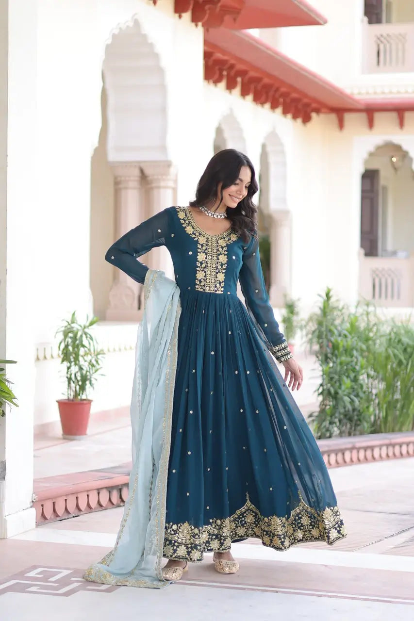 Embroidered Georgette Festive Gown Set