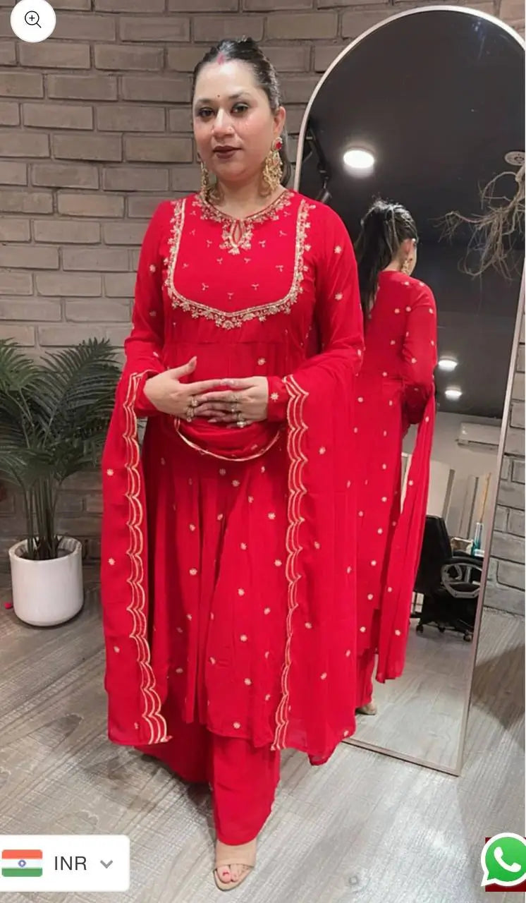 Embroidered Georgette Gown Palazzo Set with Dupatta