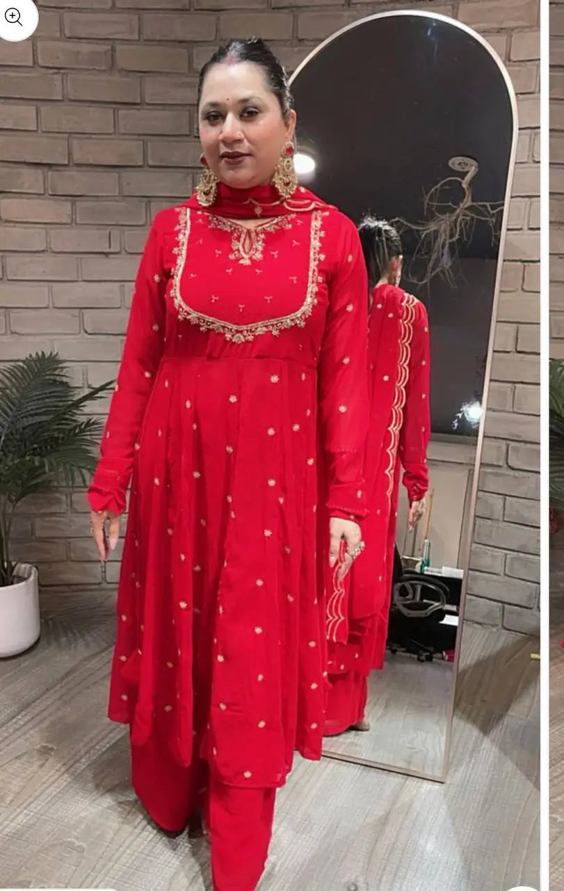Embroidered Georgette Gown Palazzo Set with Dupatta