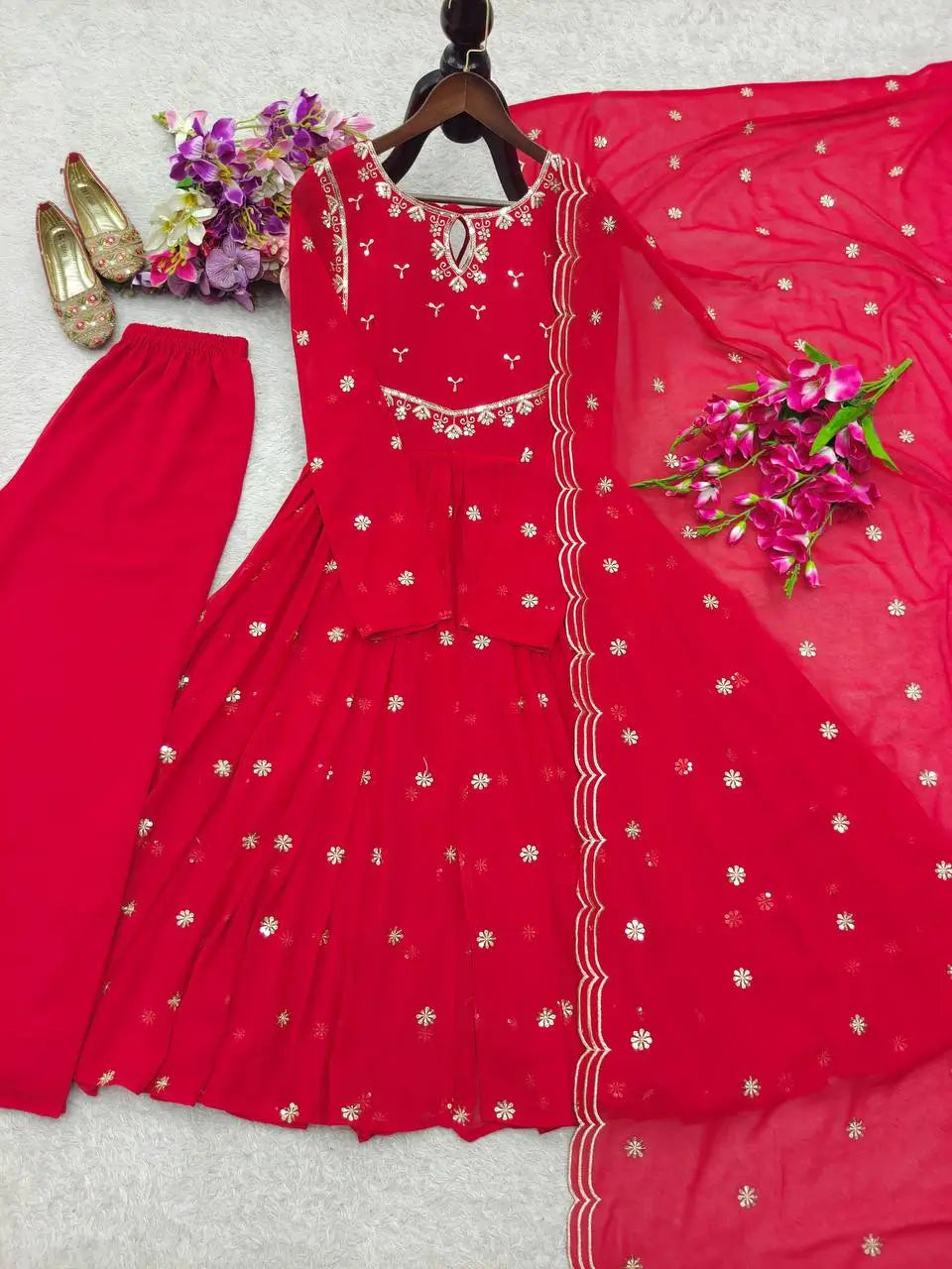Embroidered Georgette Gown Palazzo Set with Dupatta