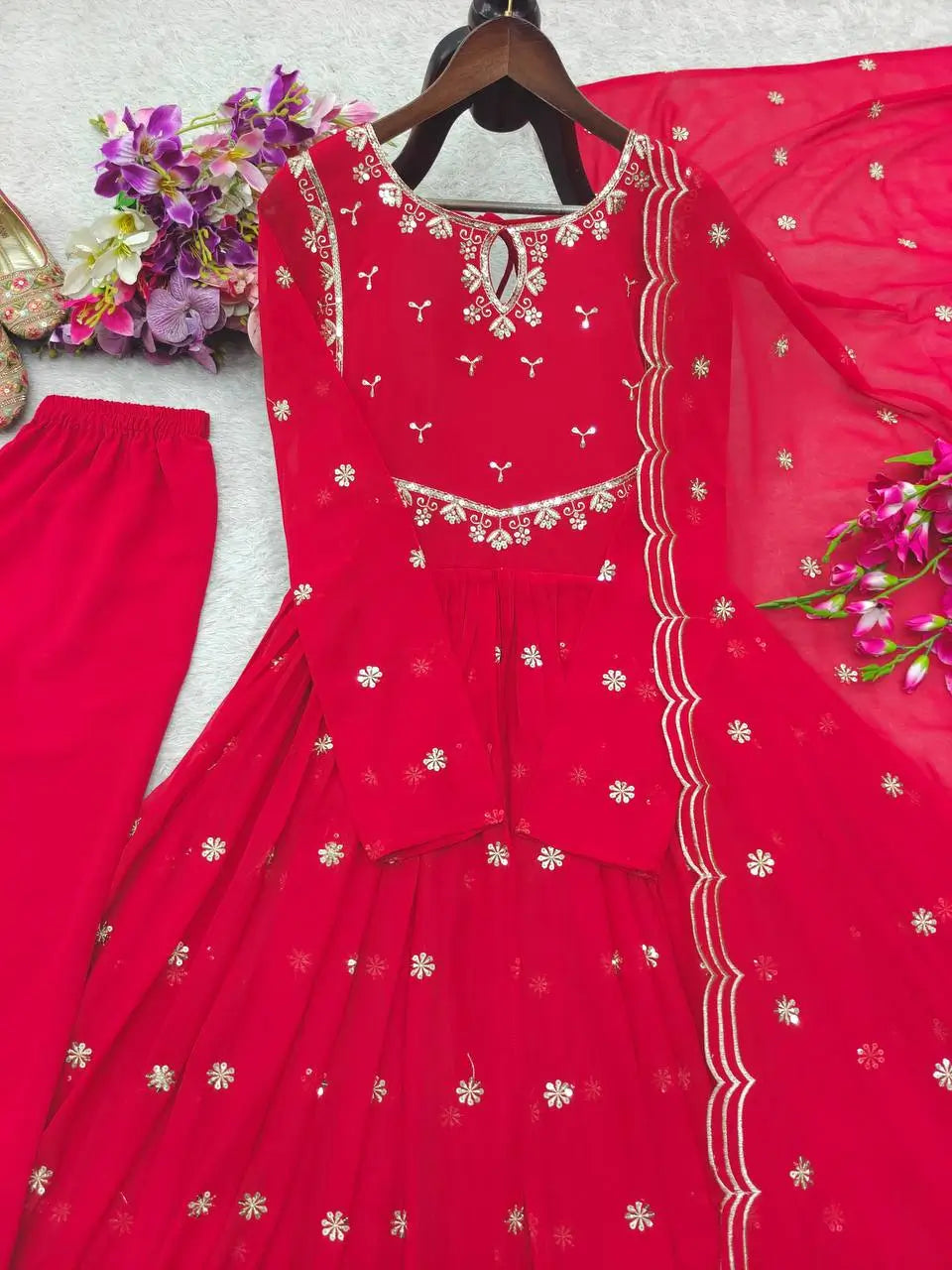 Embroidered Georgette Gown Palazzo Set with Dupatta