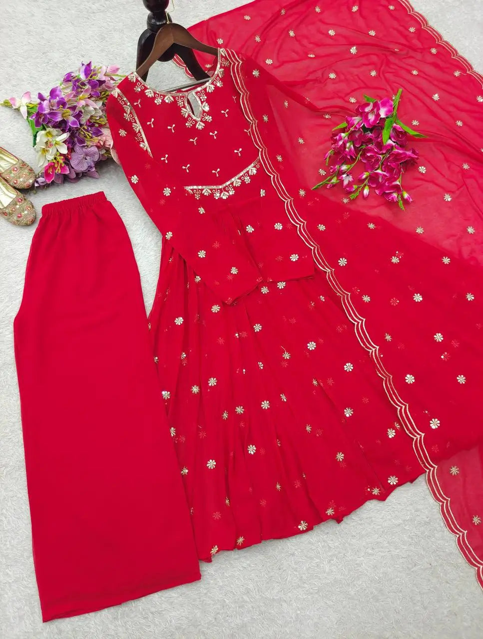 Embroidered Georgette Gown Palazzo Set with Dupatta