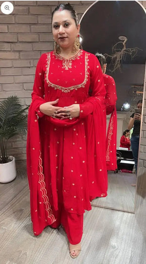 Embroidered Georgette Gown Palazzo Set with Dupatta