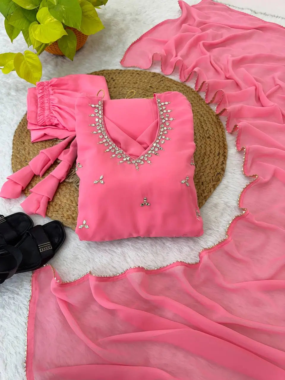 Embroidered Georgette Gown Set with Dupatta and Bottom
