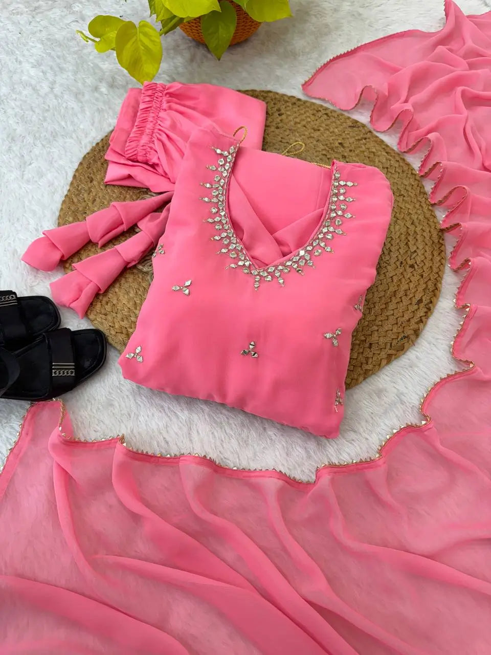 Embroidered Georgette Gown Set with Dupatta and Bottom