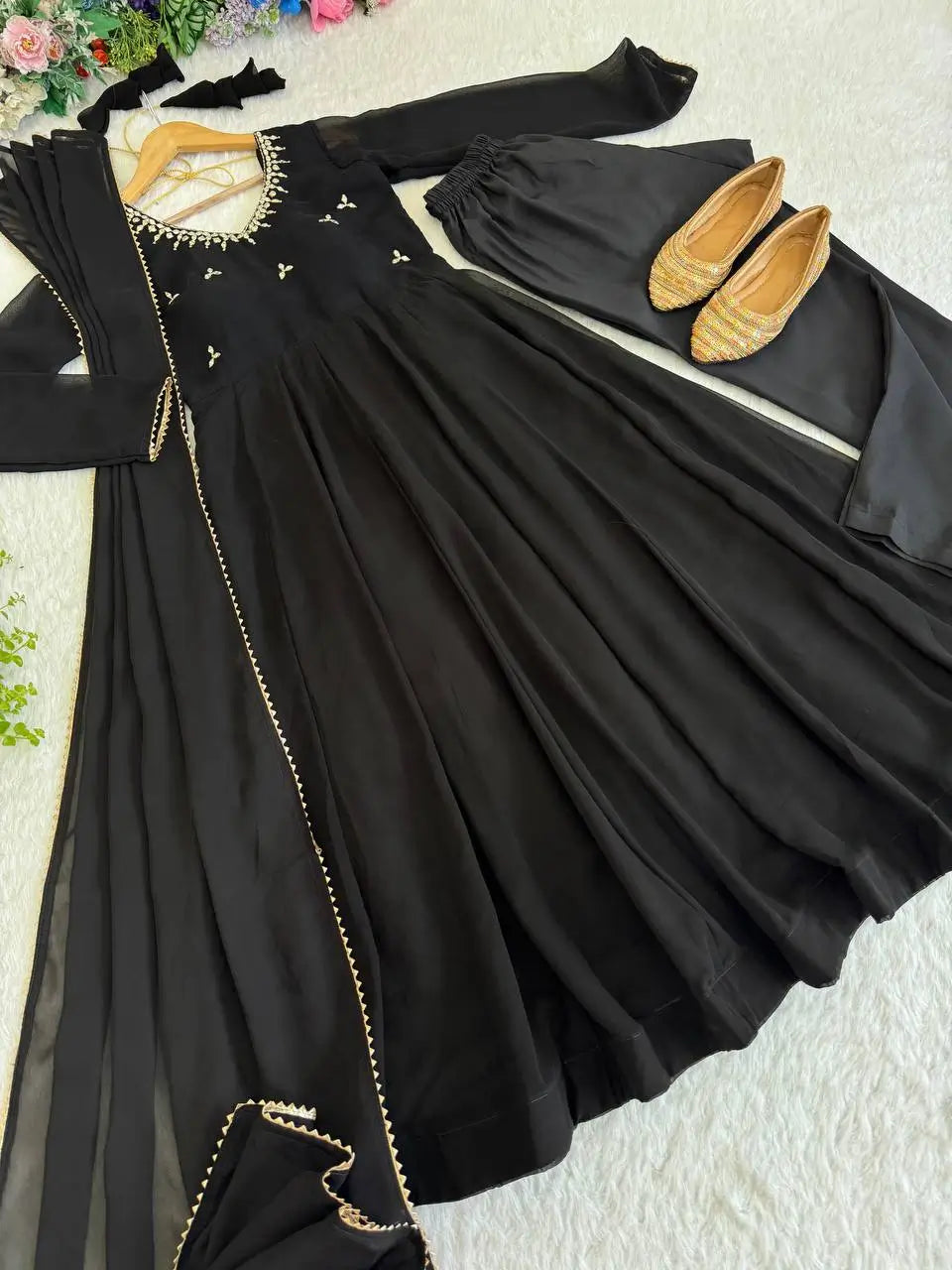 Embroidered Georgette Gown Set with Dupatta and Bottom
