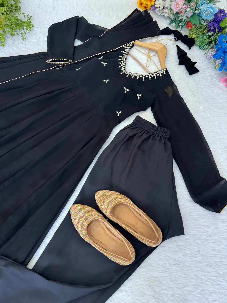 Embroidered Georgette Gown Set with Dupatta and Bottom