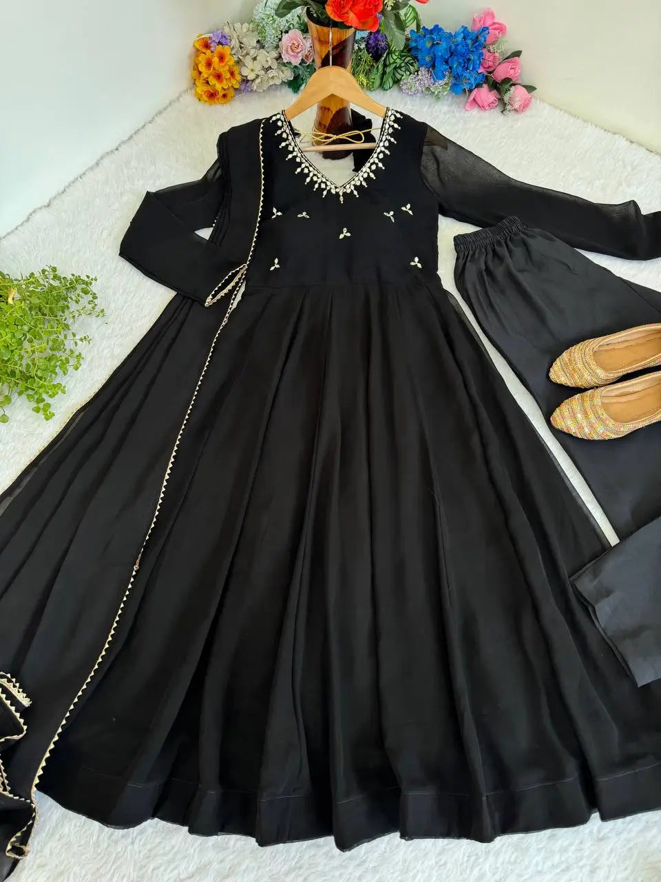 Embroidered Georgette Gown Set with Dupatta and Bottom