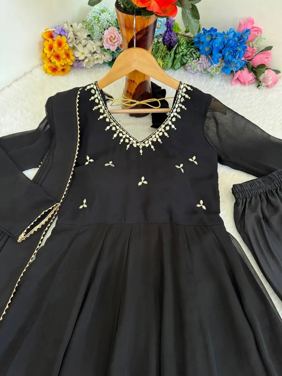 Embroidered Georgette Gown Set with Dupatta and Bottom