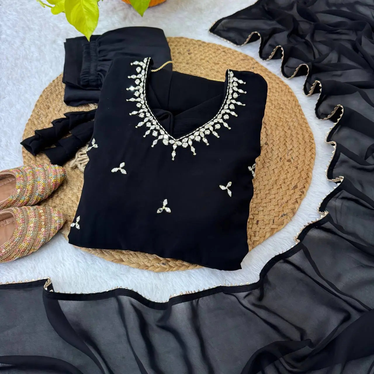 Embroidered Georgette Gown Set with Dupatta and Bottom