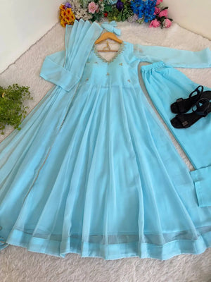 Embroidered Georgette Gown Set with Dupatta and Bottom