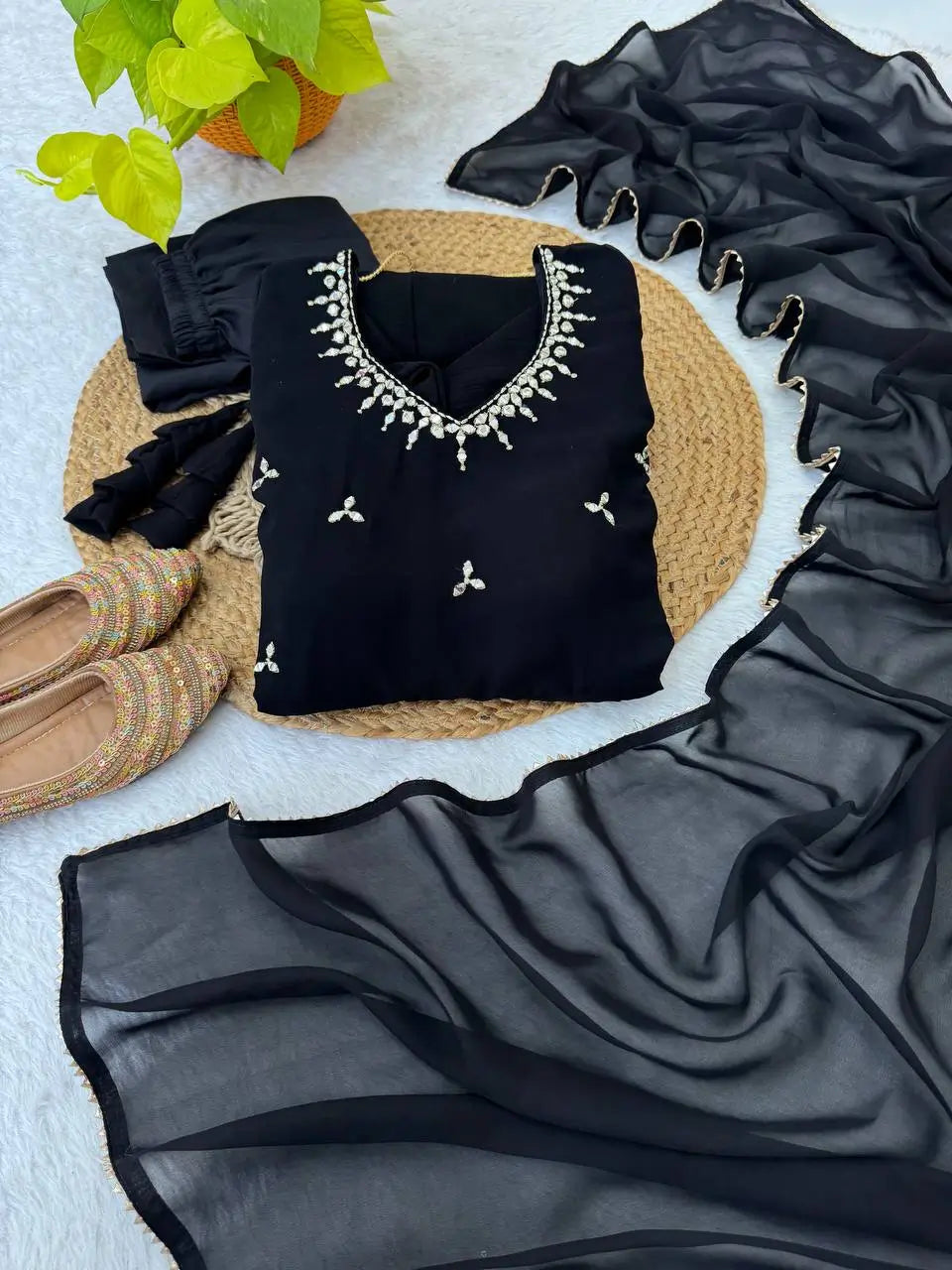 Embroidered Georgette Gown Set with Dupatta and Bottom