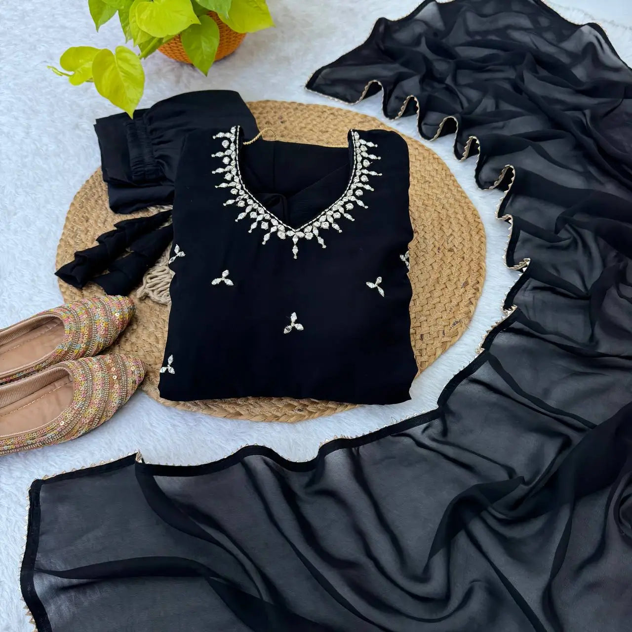 Embroidered Georgette Gown Set with Dupatta and Bottom