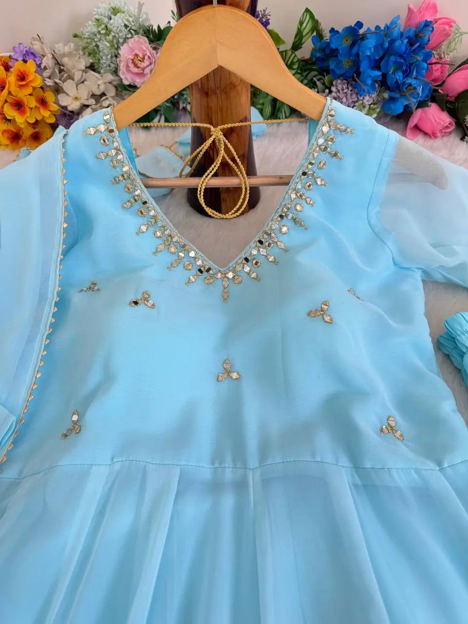 Embroidered Georgette Gown Set with Dupatta and Bottom