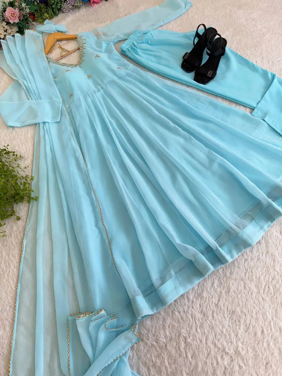Embroidered Georgette Gown Set with Dupatta and Bottom