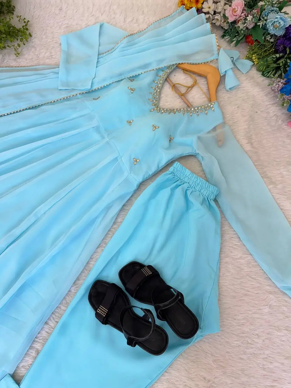 Embroidered Georgette Gown Set with Dupatta and Bottom