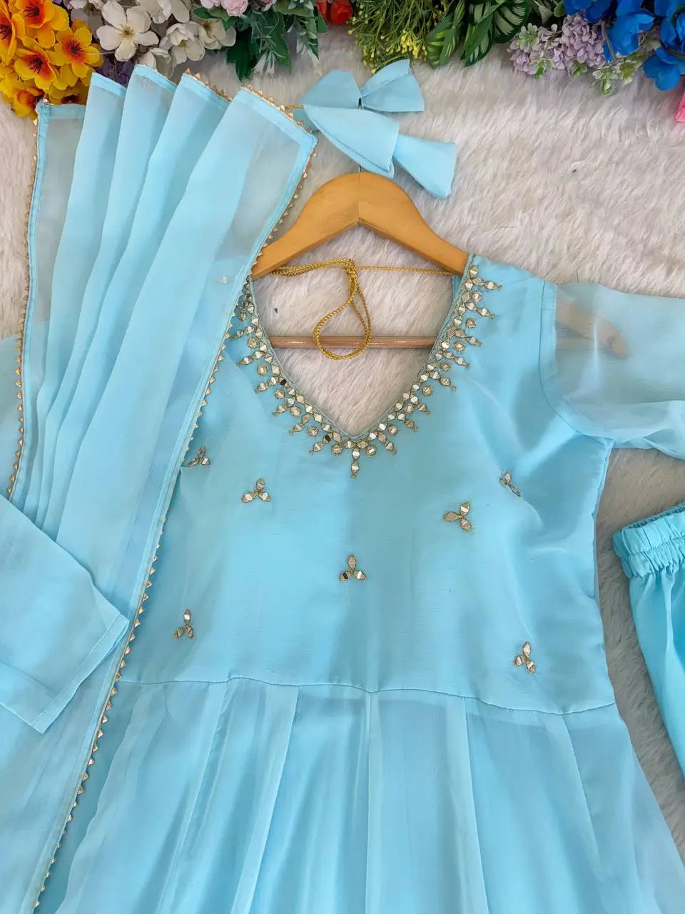 Embroidered Georgette Gown Set with Dupatta and Bottom