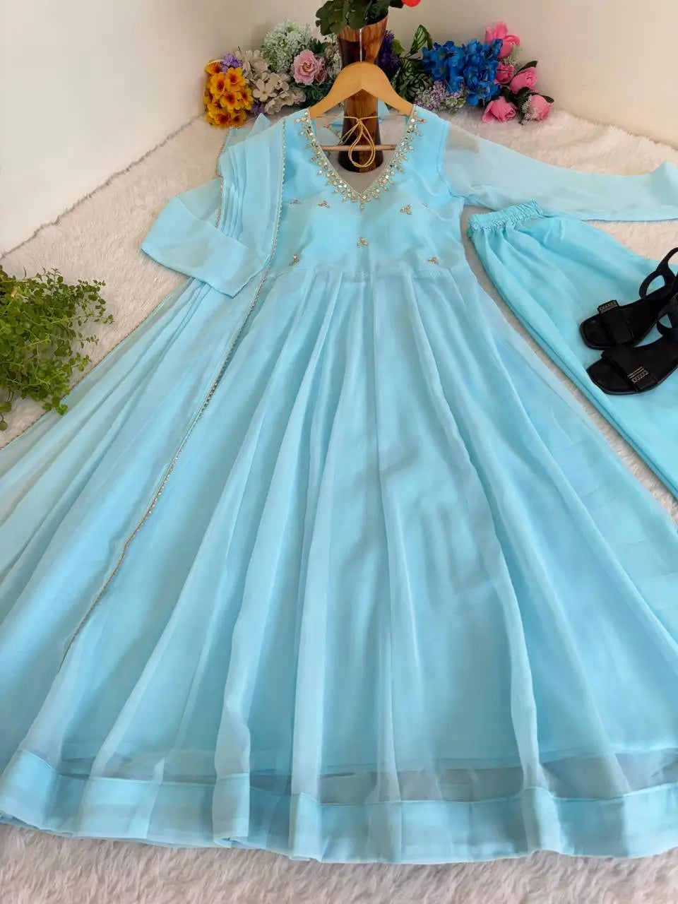 Embroidered Georgette Gown Set with Dupatta and Bottom